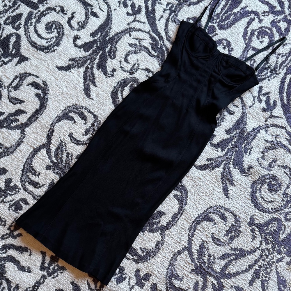 Vintage 90s Dolce & Gabbana Women Black Wire Corset Top Midi Length Pencil Dress